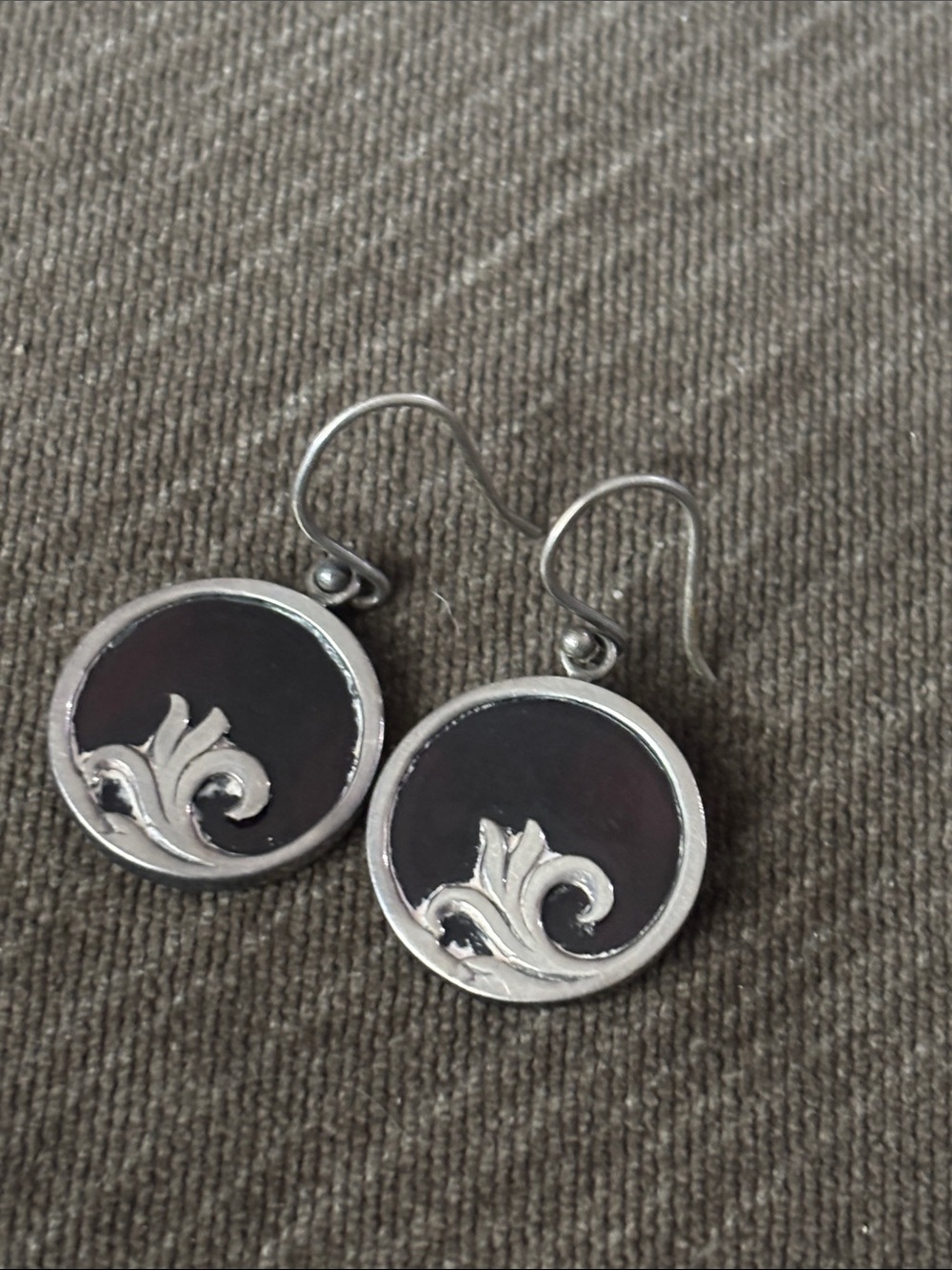 Silver-Trim Black Round Drop Earrings with Scroll Motif